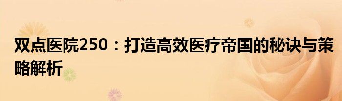 双点医院250：打造高效医疗帝国的秘诀与策略解析