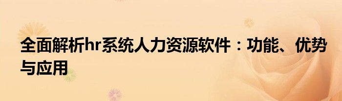 全面解析hr系统人力资源软件：功能、优势与应用