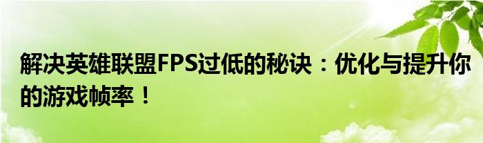 解决英雄联盟FPS过低的秘诀：优化与提升你的游戏帧率！