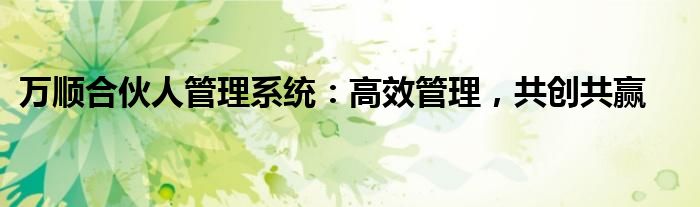 万顺合伙人管理系统：高效管理，共创共赢
