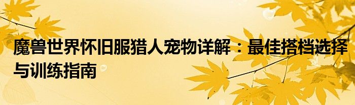 魔兽世界怀旧服猎人宠物详解：最佳搭档选择与训练指南