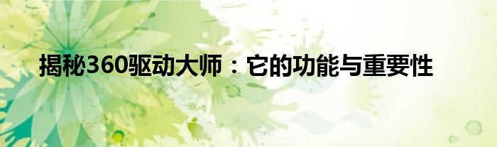 揭秘360驱动大师：它的功能与重要性