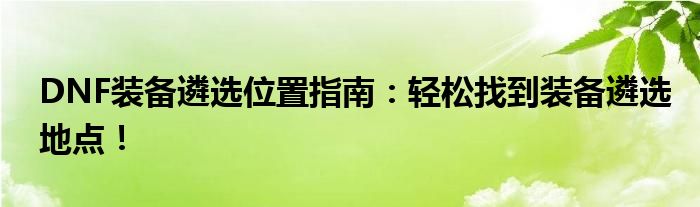DNF装备遴选位置指南：轻松找到装备遴选地点！