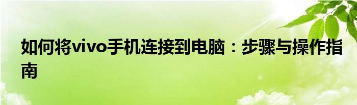 如何将vivo手机连接到电脑：步骤与操作指南