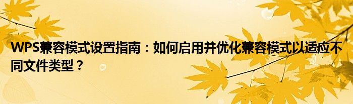 WPS兼容模式设置指南：如何启用并优化兼容模式以适应不同文件类型？