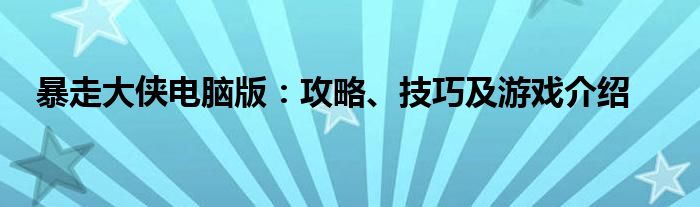 暴走大侠电脑版：攻略、技巧及游戏介绍