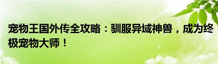宠物王国外传全攻略：驯服异域神兽，成为终极宠物大师！