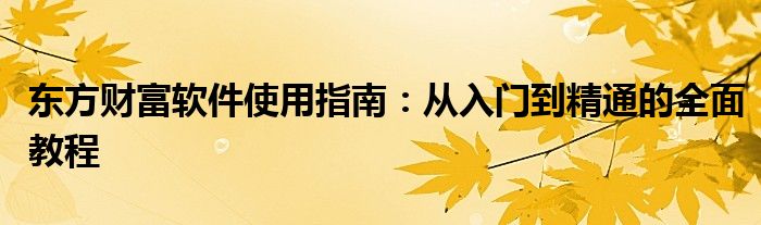 东方财富软件使用指南：从入门到精通的全面教程