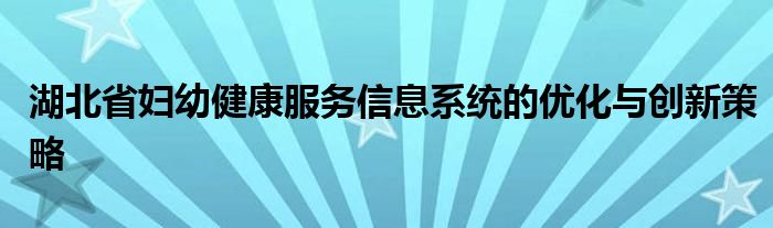 湖北省妇幼健康服务信息系统的优化与创新策略