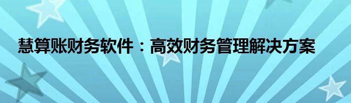 慧算账财务软件：高效财务管理解决方案