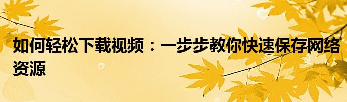 如何轻松下载视频：一步步教你快速保存网络资源