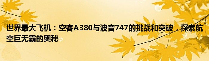 世界最大飞机：空客A380与波音747的挑战和突破，探索航空巨无霸的奥秘