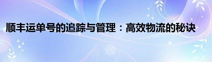 顺丰运单号的追踪与管理：高效物流的秘诀