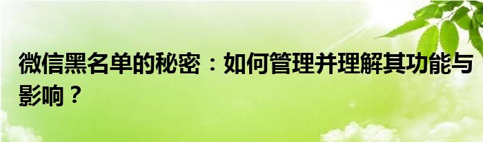 微信黑名单的秘密：如何管理并理解其功能与影响？